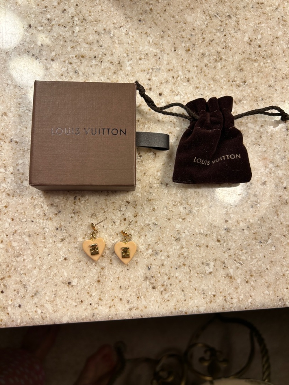 Louis Vuitton Beige Heart Drop Earrings with Gold LV Emblems